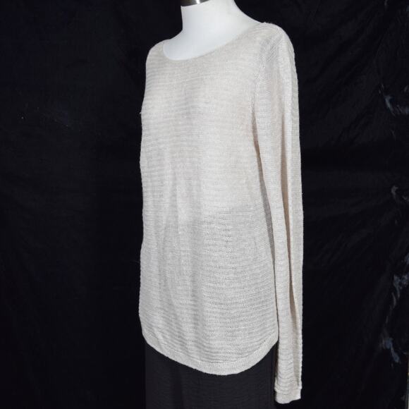 Tahari Linen Beige Pullover Sweater Scoop Neck Textured Stripes Hip Length Sz L - Picture 2 of 9